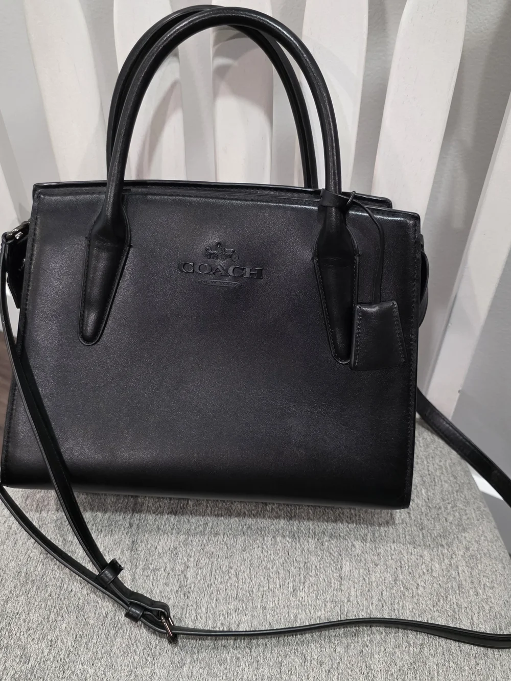 COACH Black Leather Structured Satchel with Crossbody Strap